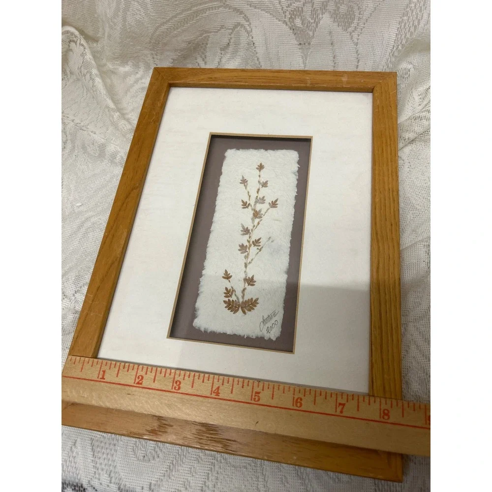Vintage‎ Signed Pressed Botanical Leaf Art Framed Handmade Paper 2000 12x8.5in